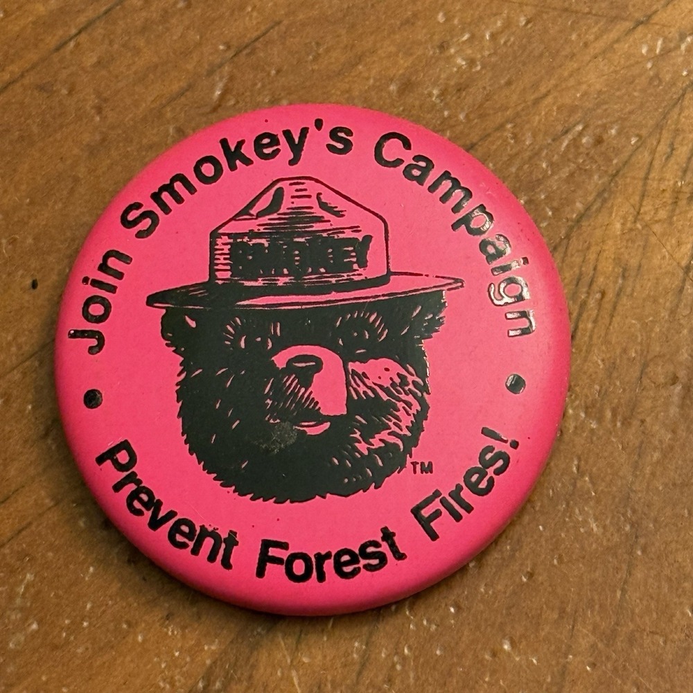 Smokey The Bear Prevent‎ Forest Fires Pink VTG Pinback Button Pin Round Circle